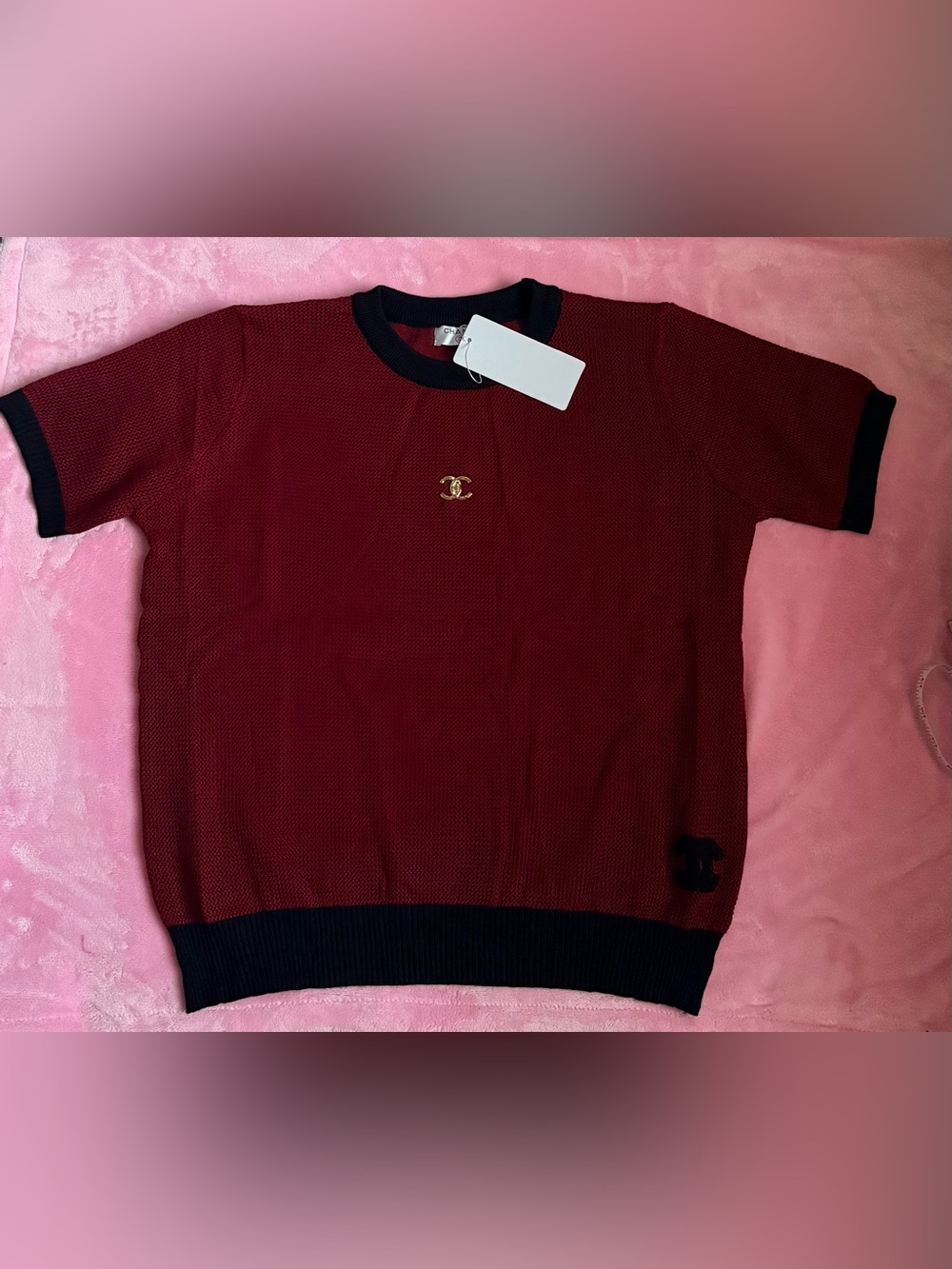 Rare Cc knitted Red maroon & Black Short-Sleeve Top with Gold Accent
